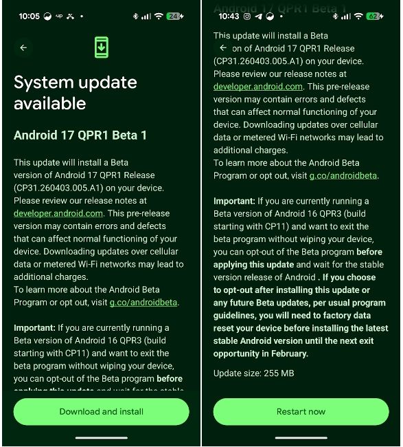 Android 17 QPR1 Beta 1 changelog download and install