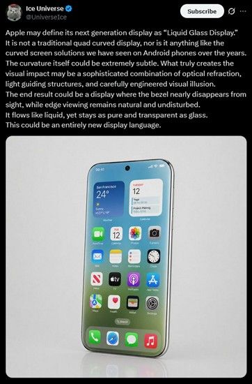 Ice Universe post about Liquid Glass Display
