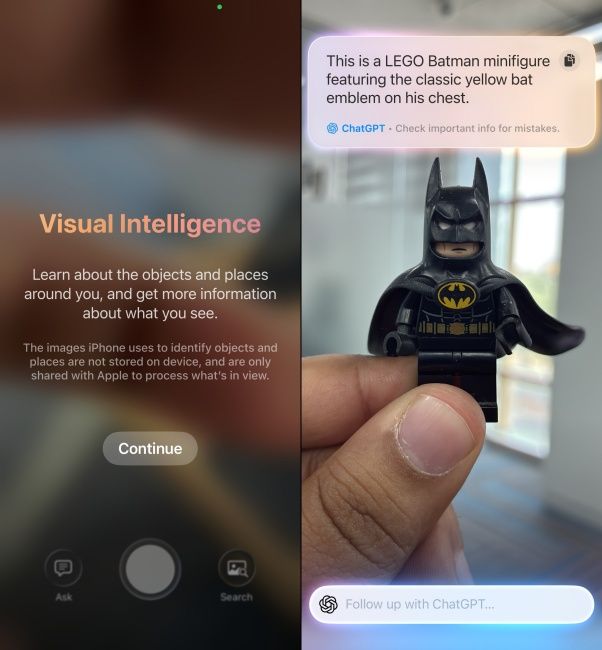 Apple Visual Intelligence feature showing a Lego Batman recognized by ChatGPT on iPhone Apple Visual Intelligence feature showing a Lego Batman recognized by ChatGPT on iPhone