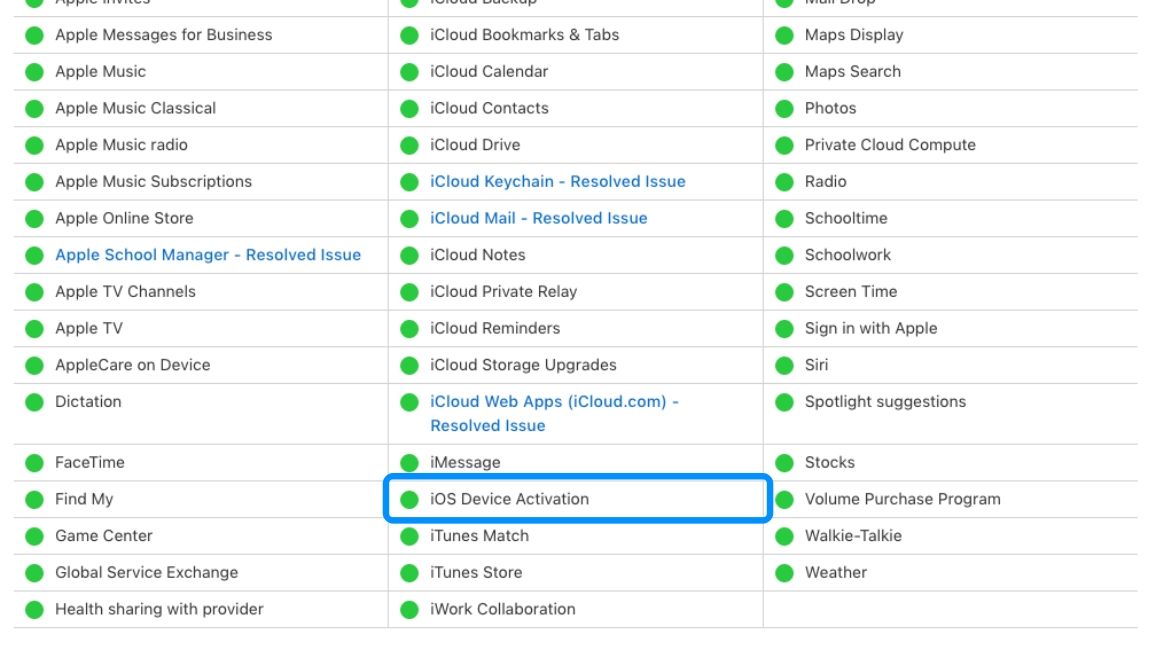 Apple system status page with iOS device activation highlighted