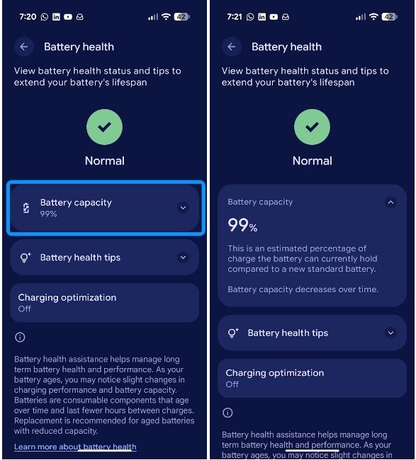 Google Pixel Battery Health settings page