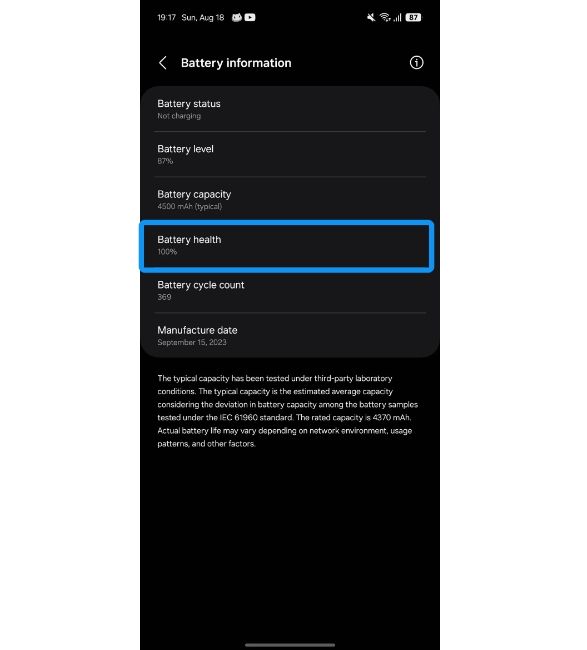 Battery Health in Samsung Battery Settings page