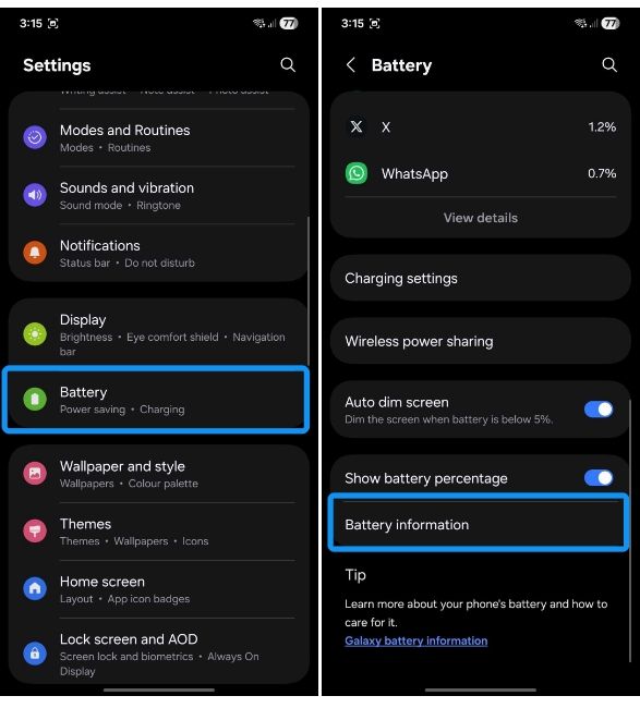 Battery information in settings