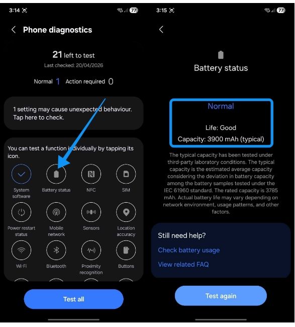 Battery life testing with current battery health