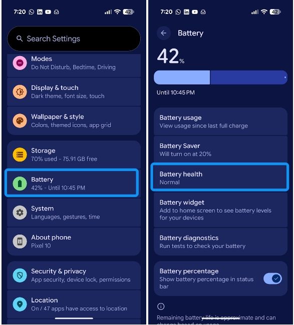 Google Pixel Settings app with Battery page
