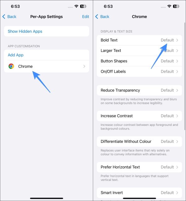Change Bold Text on Per App Basis on iPhone