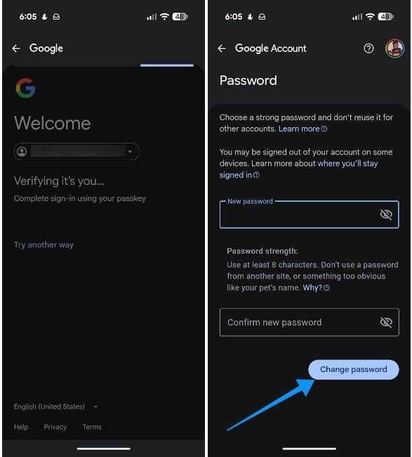 Change password Google Account page