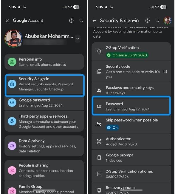 Google account settings Security and Password options