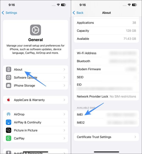 Check iPhone IMEI number in the settings About page screenshots