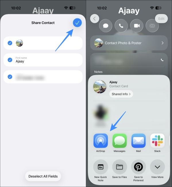 Choose AirDrop to Share a Contact in the iPhone Share sheet