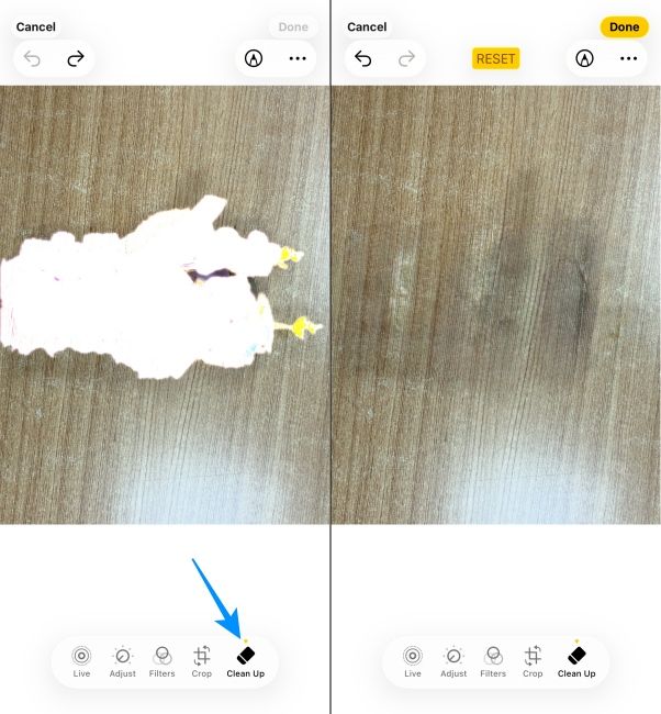 Clean Up Apple Intelligence Feature in action screenshots side by side Clean Up Apple Intelligence Feature in action screenshots side by side
