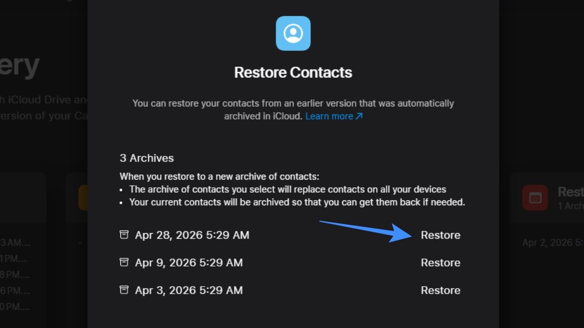 Click on restore to save contact on your iPhone