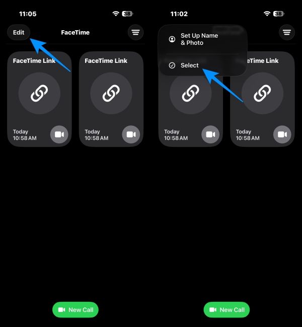 Click on the Edit option in FaceTime and press Select 