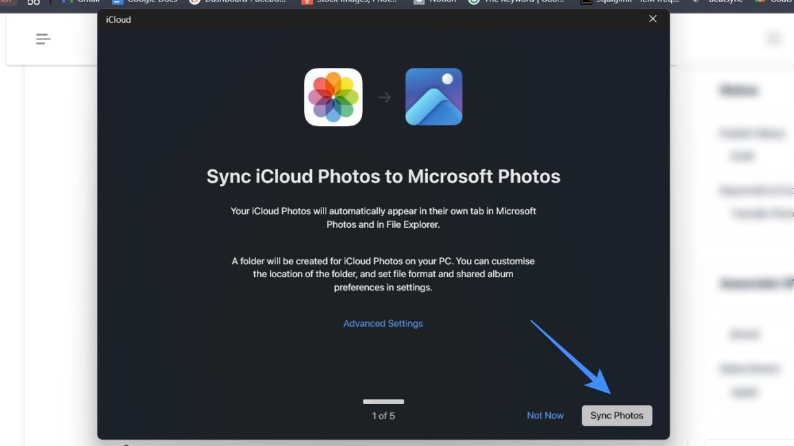 Click on the Sync Photos button on the iCloud app for Windows