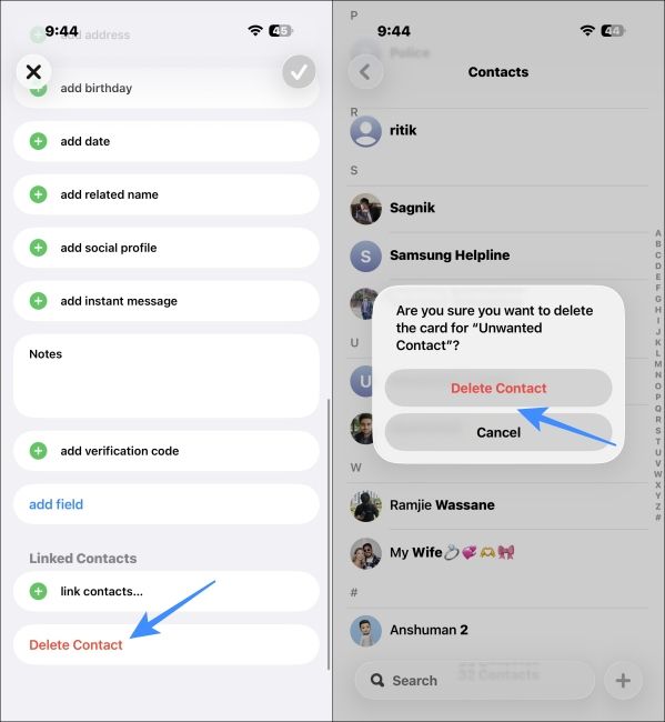 Confirm deleting a contact on iPhone