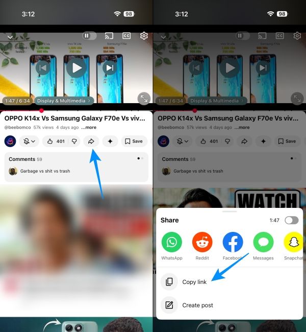Copy video link from the YouTube app iPhone screenshots