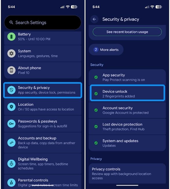 Android Settings Security and Privacy with Device Unlock option