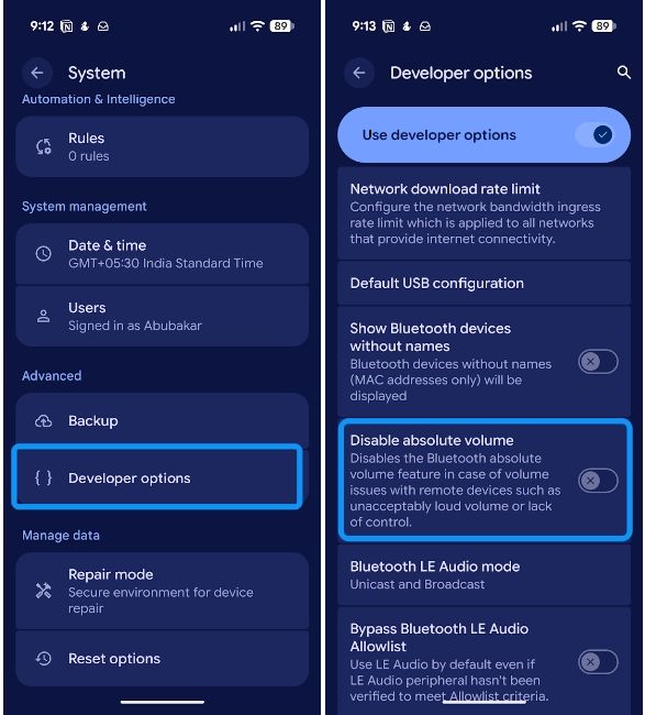 Disable Absolute volume toggle in Developer Options Disable Absolute volume toggle in Developer Options