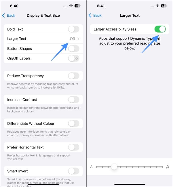 Enable Larger Accessibility Sizes on iPhone screenshots