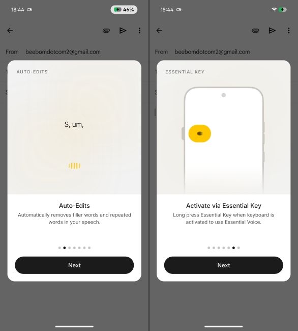Essential Voice setup screenshots side by side