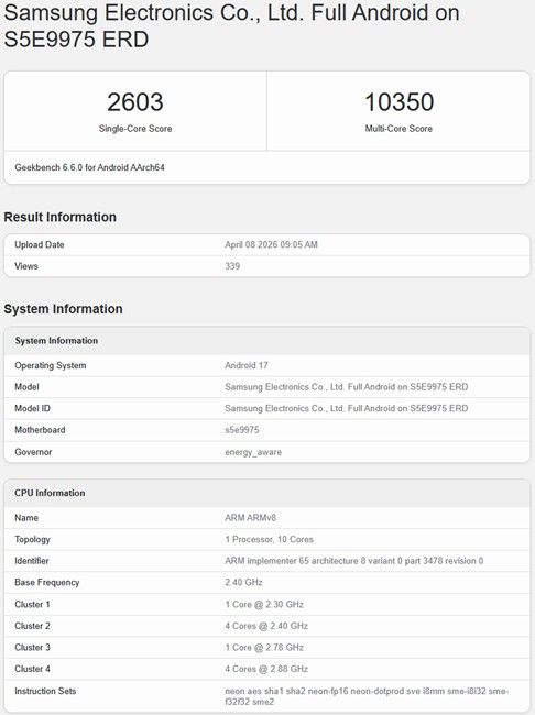 Exynos 2700 single and multi-core score Geekbench