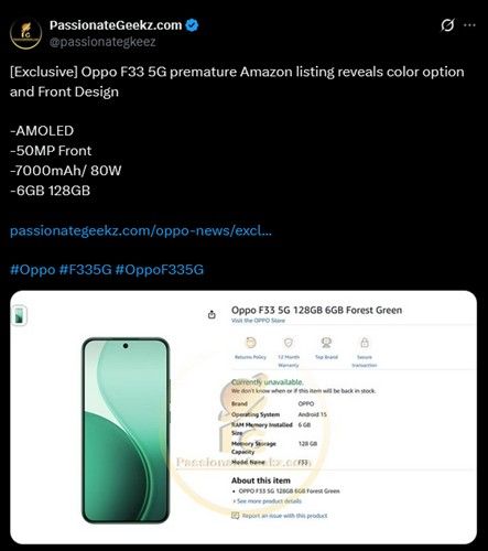 Oppo F33 in Forest Green colourway from the front