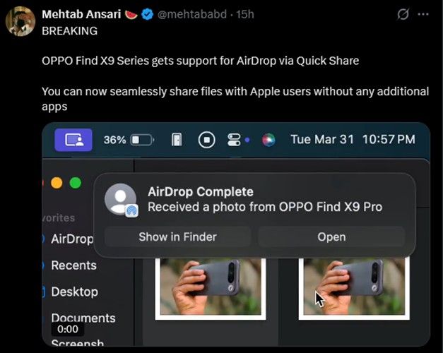 Find X9 Pro AirDrop in action