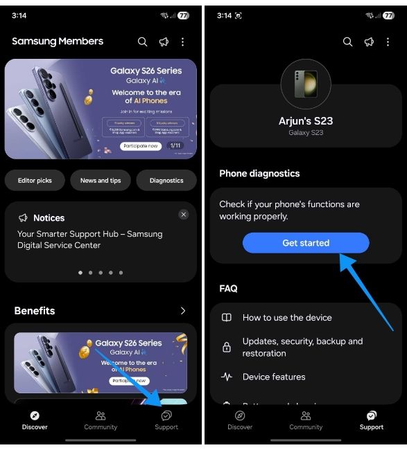 Samsung Members support page