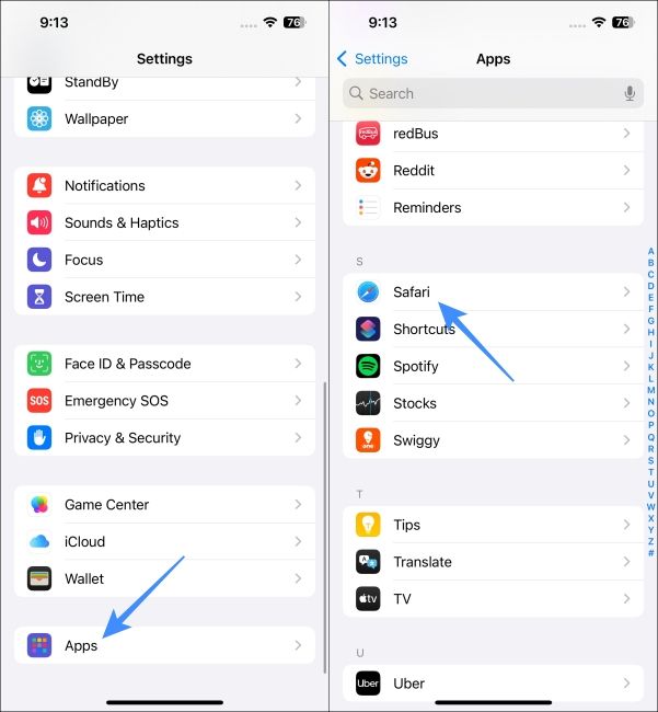 Go to Safari App from the Settings page on iPhone