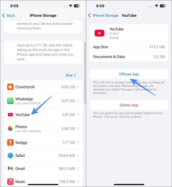 Go to individual app and Offload app to clear cache iPhone screenshot