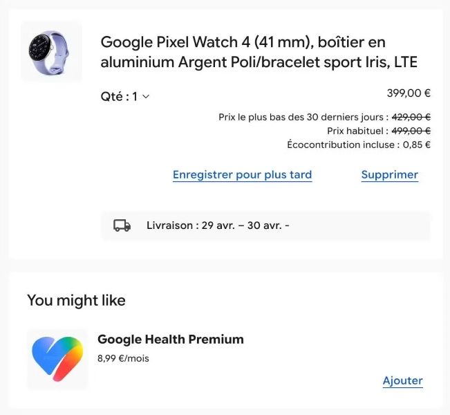 Google Health Premium subscription on Pixel Watch 4 checkout page