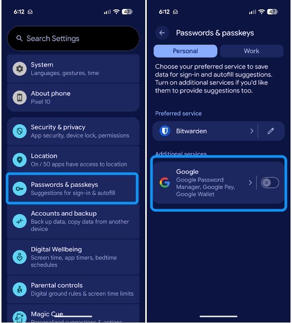 Settings app with passwords option and Google autofill manager