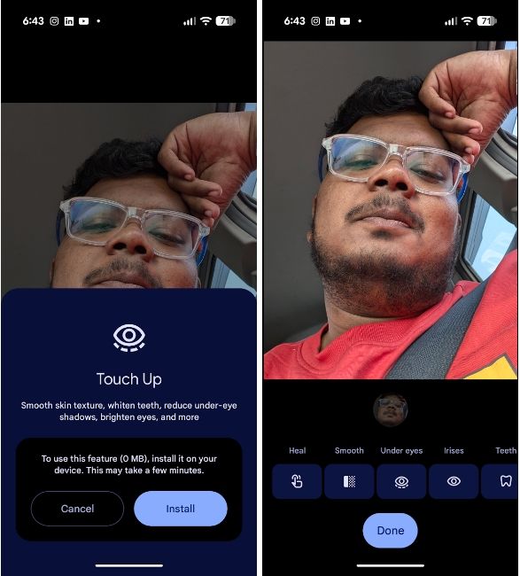 Google Photos Touch up feature in action