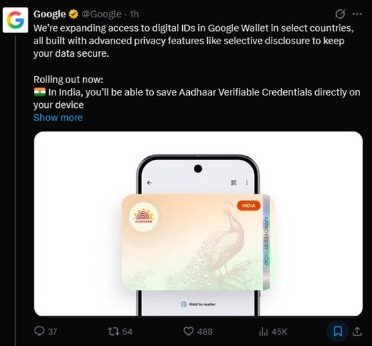 Google wallet aadhaar expansion post on X