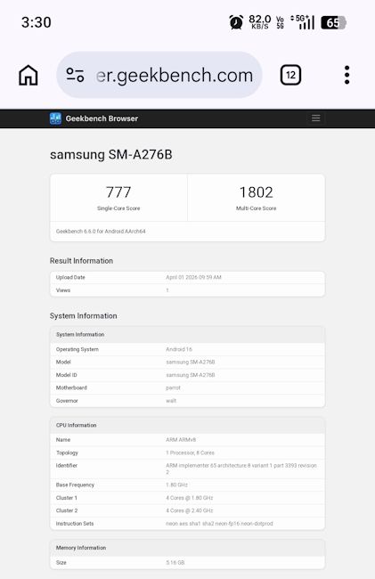 Samsung Galaxy A27 Geekbench listing