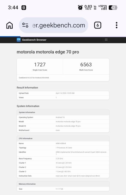 Motorola Edge 70 Pro Geekbench listing out