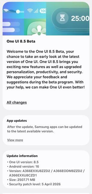 Galaxy A36 One UI 8.5 Beta 1 update rolling out