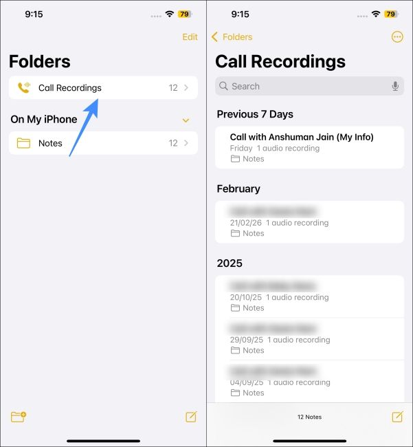 Listen to stored call recordings on iPhone in the Notes app 