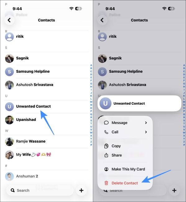 Long press Contact to get the delete option on iPhone