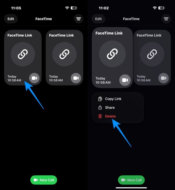 Long press the FaceTime call and select Delete 