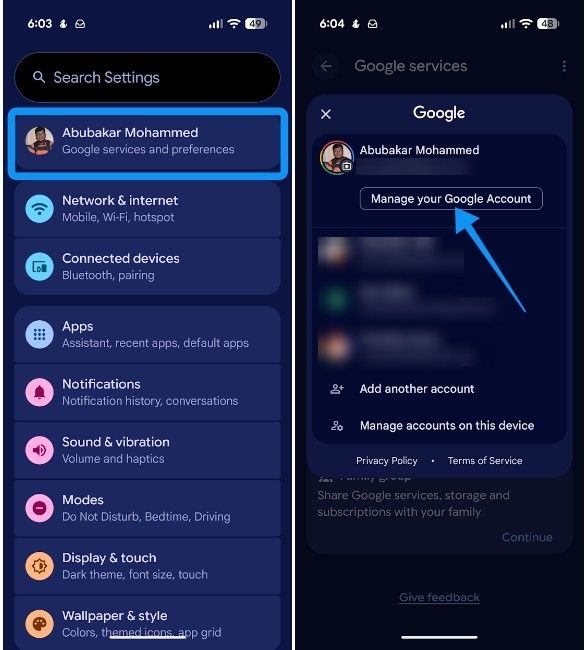 Manage your Google account option in Google account settings