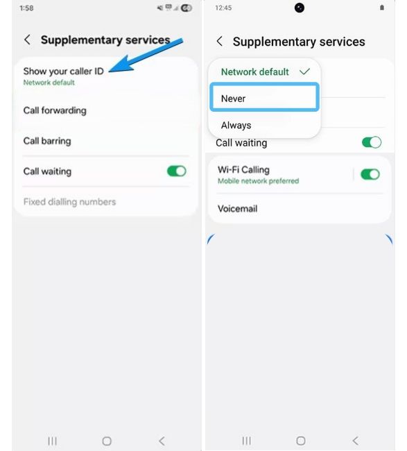 Show your caller ID and Never options