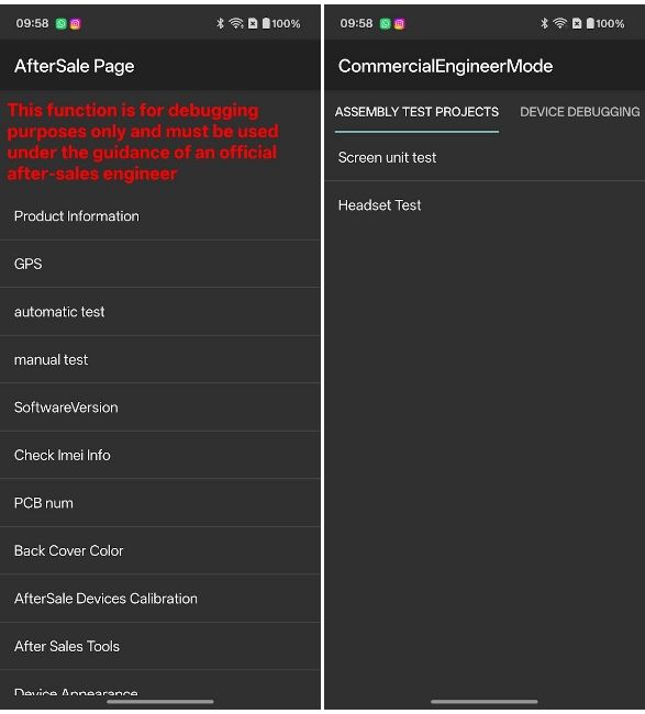 OnePlus AfterSales Page and Engineering mode testing pages