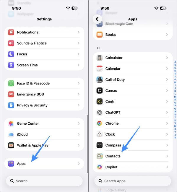 Open Apps and Contacts option in iPhone Settings