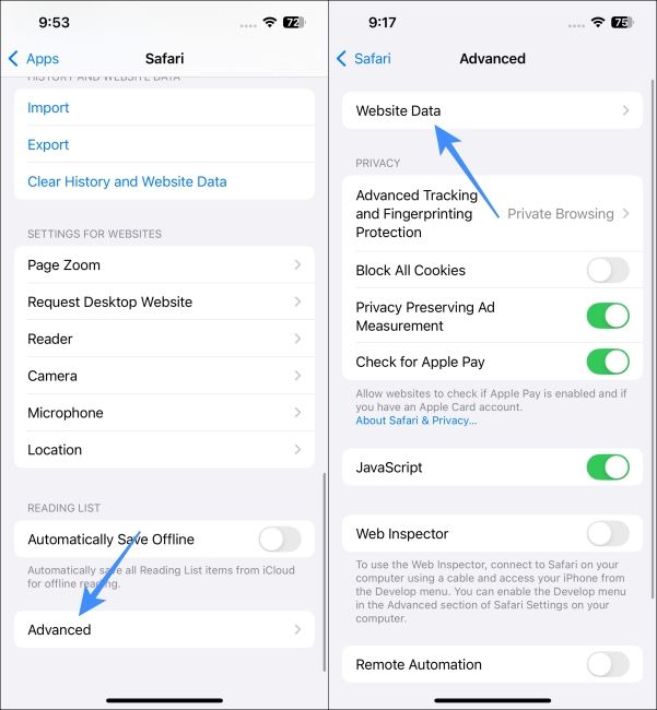 Open Website Data for Safari in iPhone Settings app screenshot