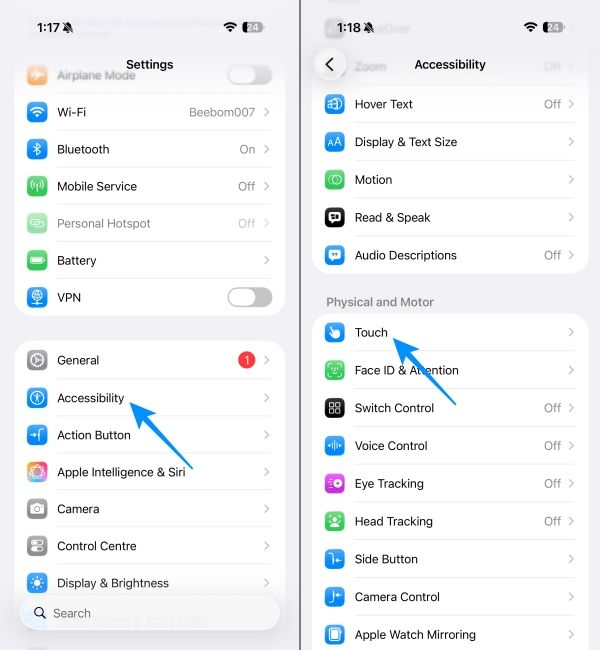 Open accessibility settings in iPhone and open Touch option