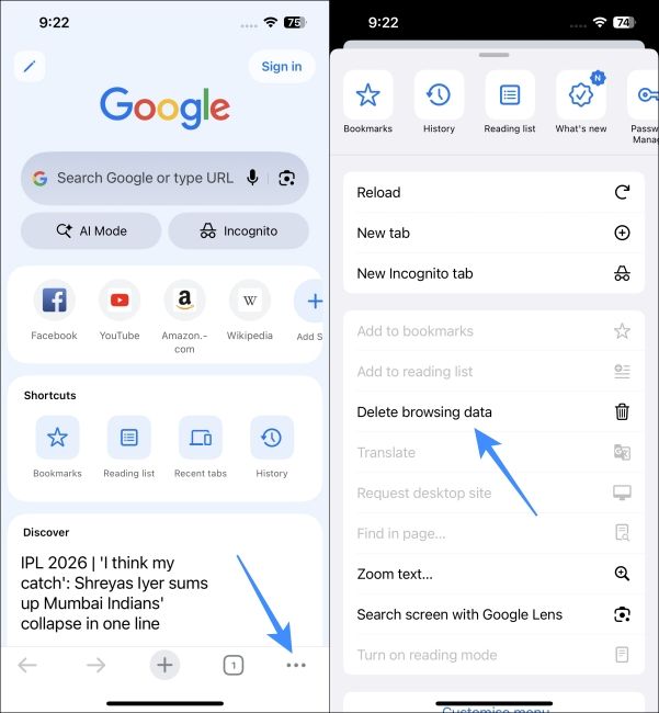 Open menu on the Google Chrome app for iPhone