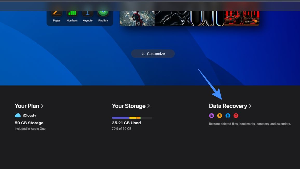 Open the Data Recovery menu in iCould website to restore contacts to iPhone