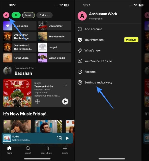 Open the profile menu in the Spotify for iPhone app screenshot