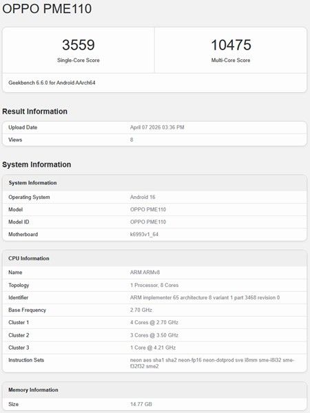 Oppo Find X9s Pro on Geekbench performance result